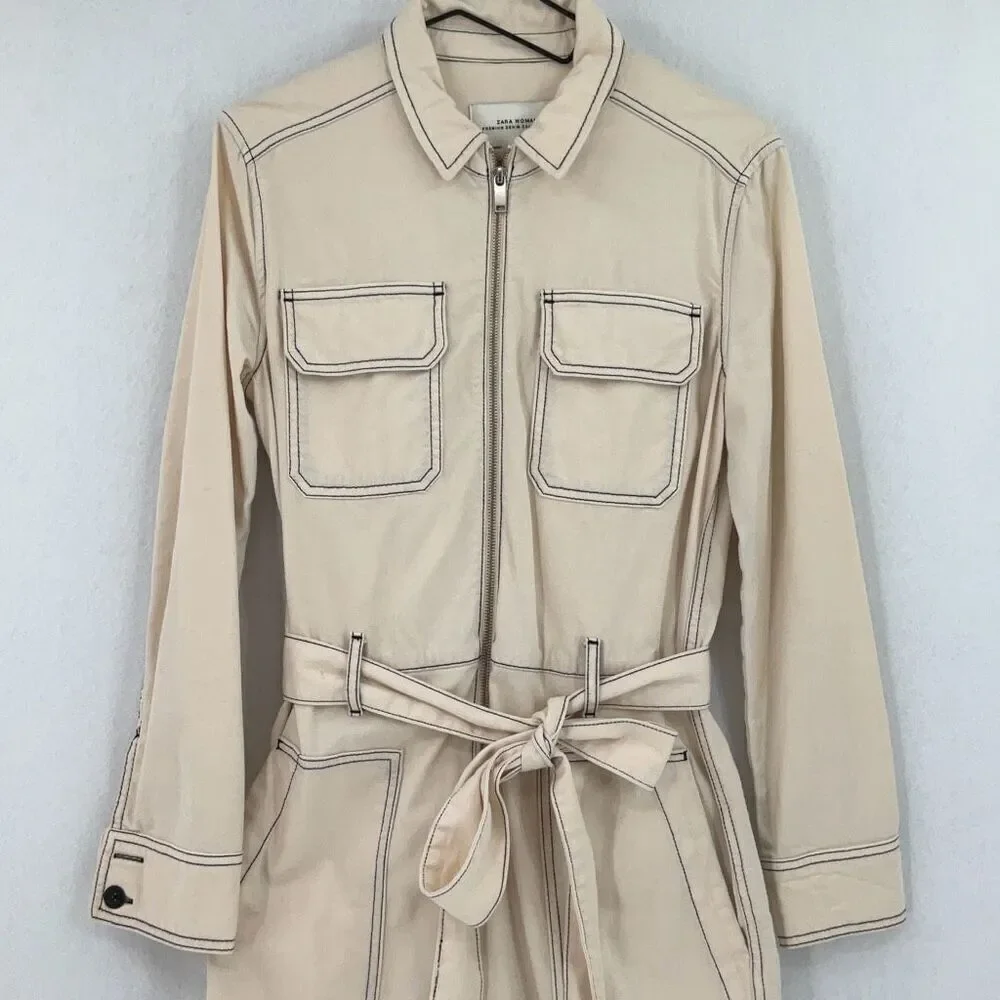 Zara Beige Cotton Linen Blend Boiler Suit Pockets Denim Utility Jumpsuit Small